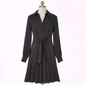 Donna Morgan Vintage Black Jersey Long Sleeve Tie-Waist Midi Shirt Dress Size 6